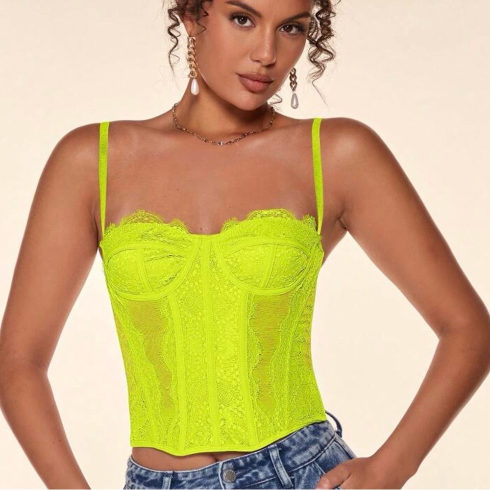Lace Bustier Crop Top in Neon Yellow